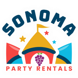 Sonoma Party Rentals logo featuring a colorful bounce house with a grape icon, stars, and a flag.