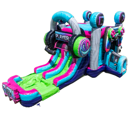 Colorful "Respawn Zone" inflatable combo with dual slides, bounce house, and gaming theme, available for party rentals in Sonoma County, CA.