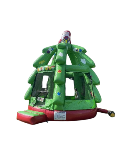 Christmas tree–themed inflatable bounce house rental called “Santa’s Christmas Tree” with a Santa figure on top and festive green and red colors.