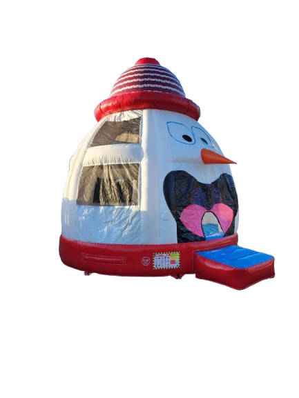 Snowman-shaped inflatable bounce house called “Frosty Fun Dome” featuring a red hat, carrot nose, and a cheerful winter design.